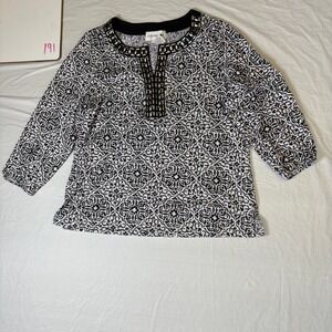 C.D. Petites Womens Black White‎ Damask Studded Split Neck Blouse PM 3/4 sleeve